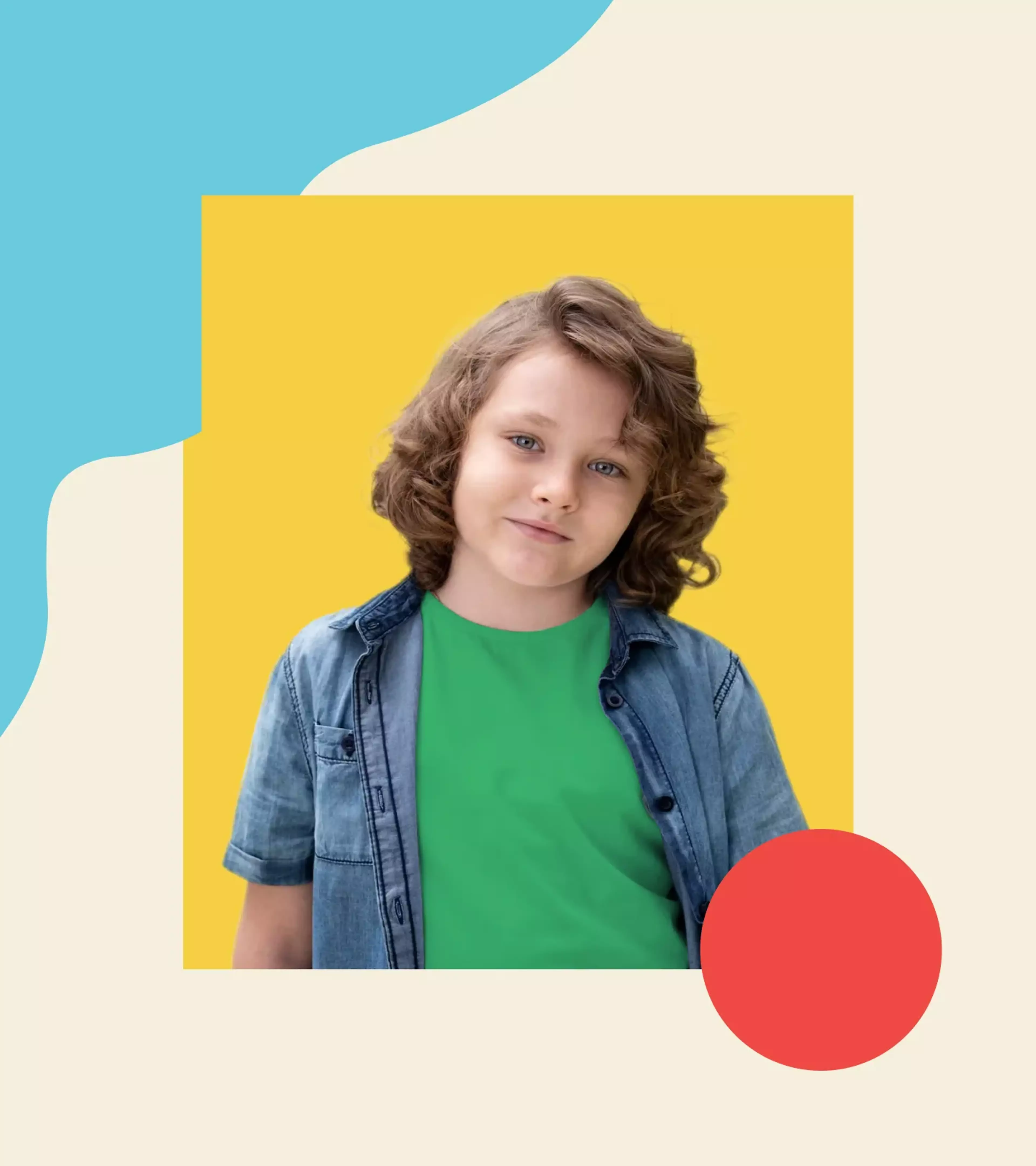 A young boy with brown hair on a yellow background