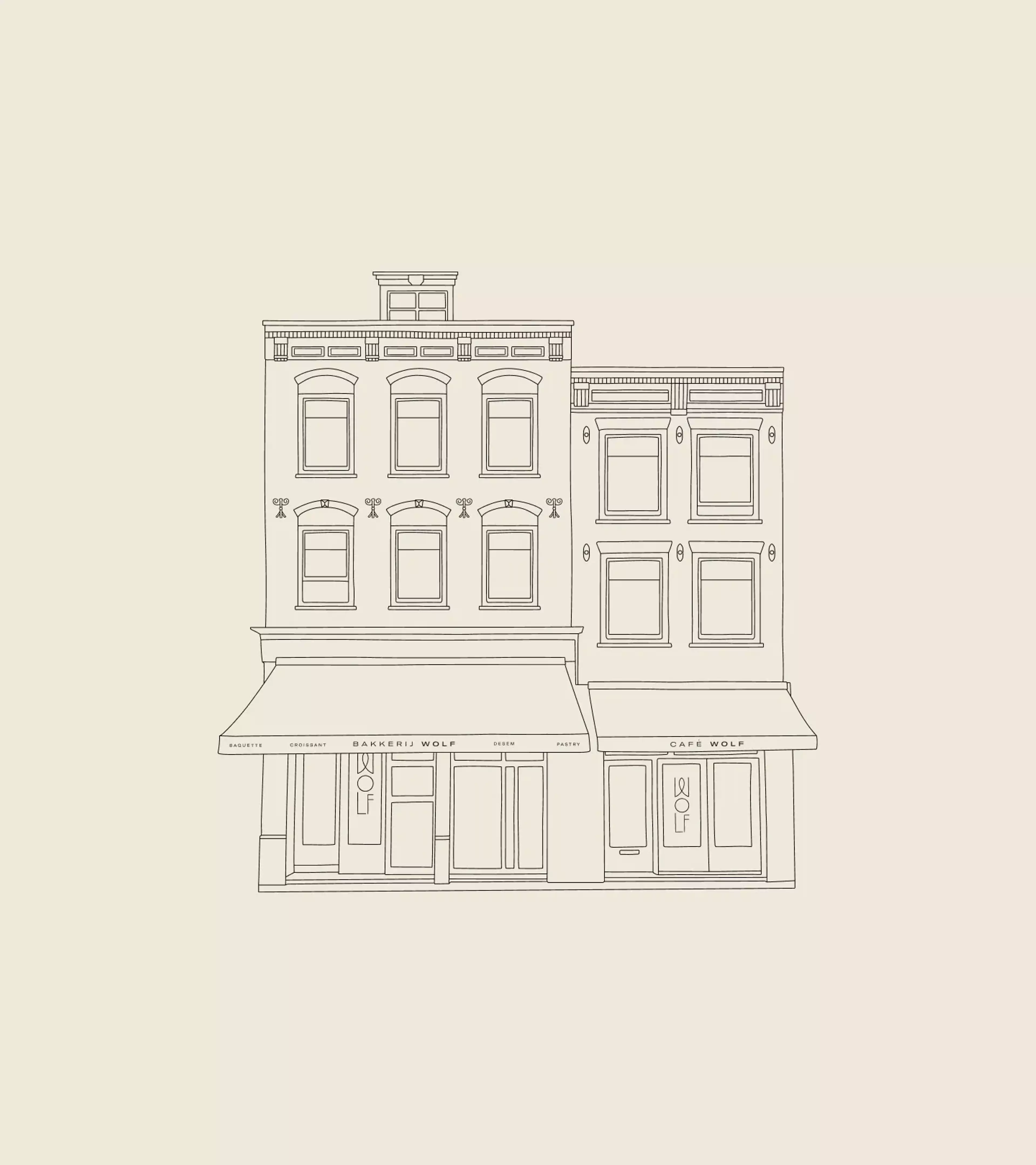 An illustration of Wolf's building on a beige background