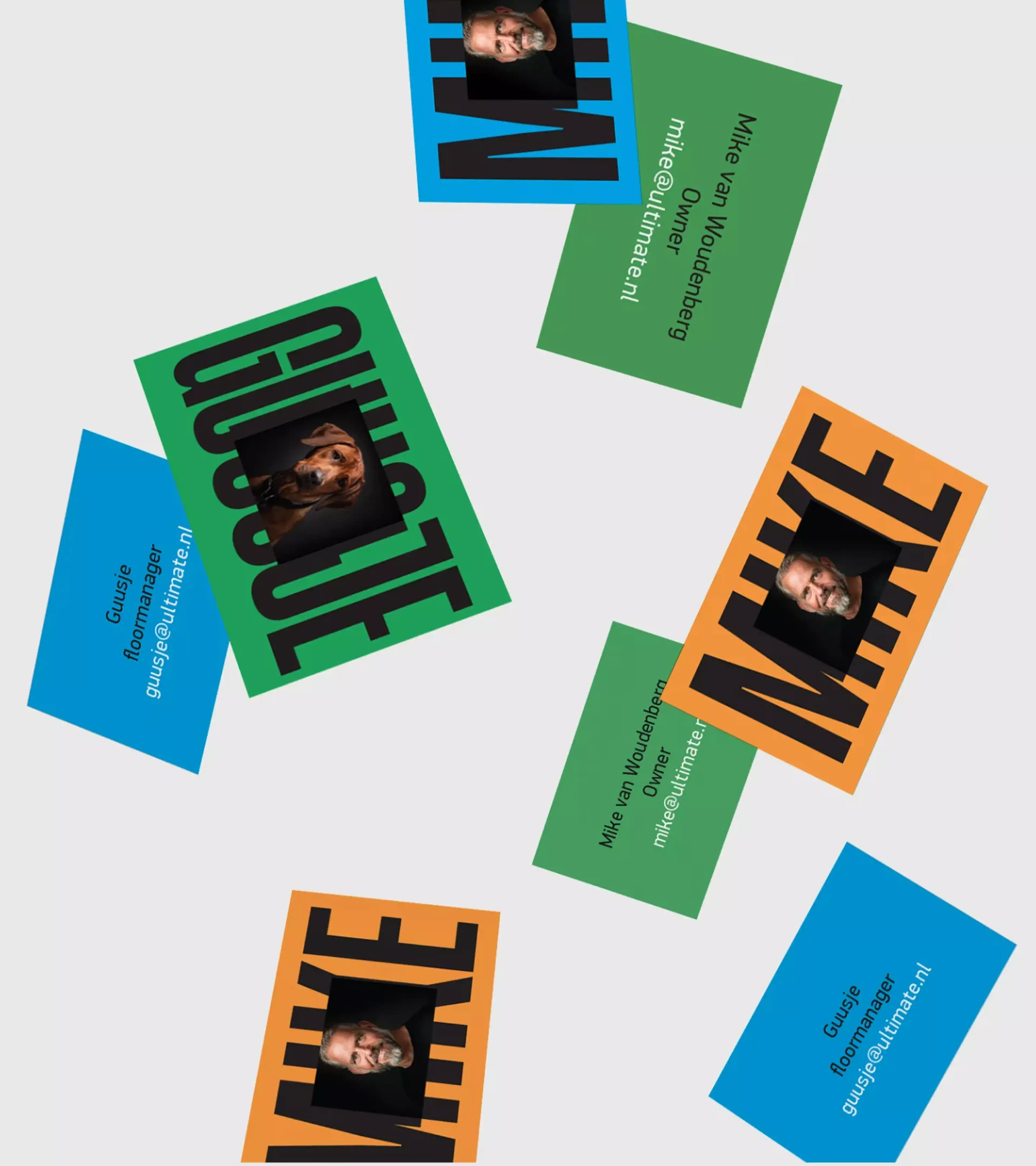 An overview of the different business cards for Ultimate, with the three colors orange, blue and green