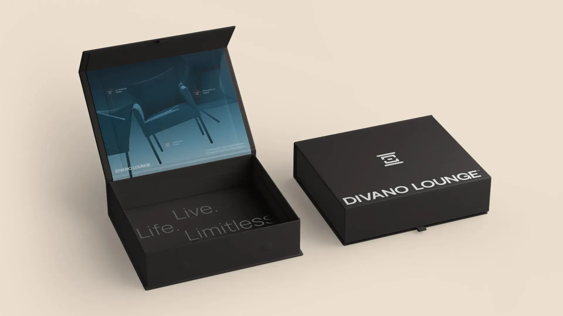 Open black box with "DIVANO LOUNGE" on the lid, revealing a photo of a chair and text: "Life. Live. Limitless."