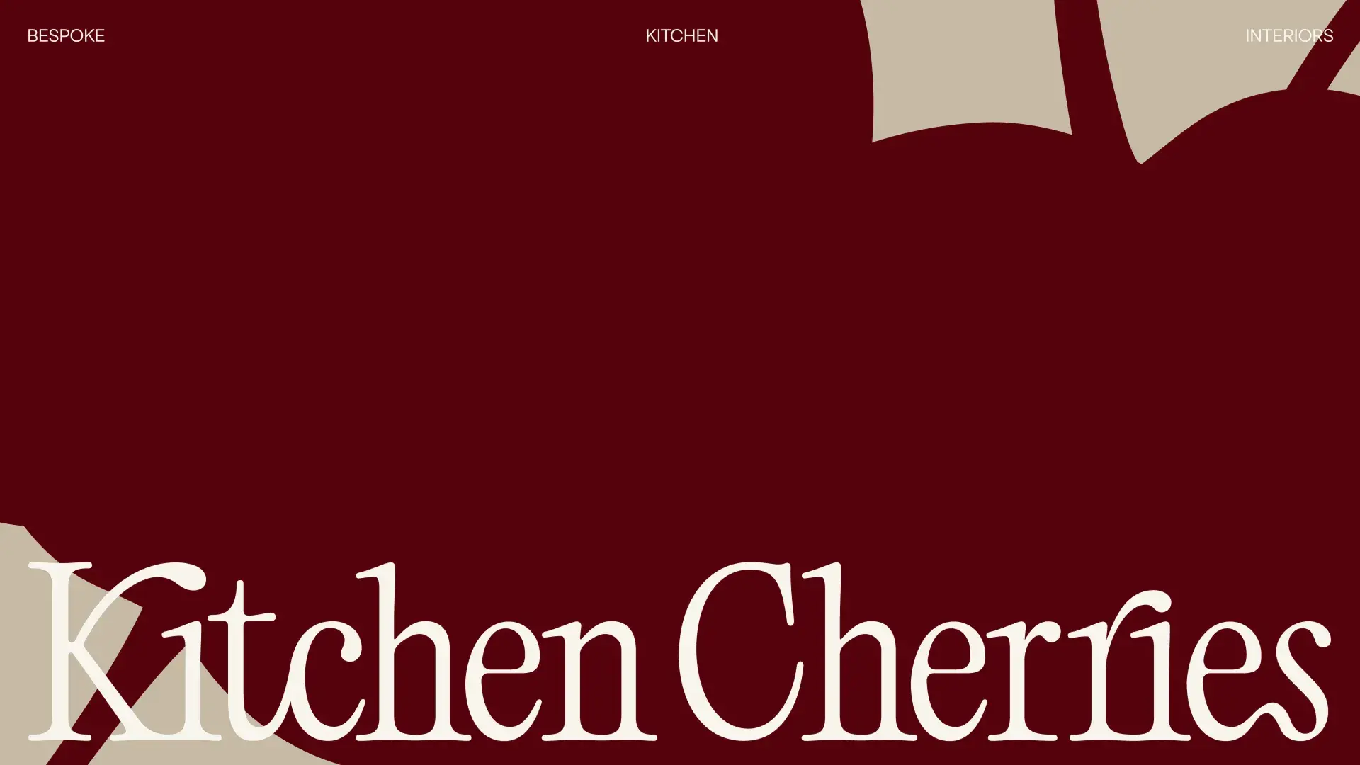Bold red design with large white text reading "Kitchen Cherries" and smaller text "Bespoke" and "Interiors" on the top corners.