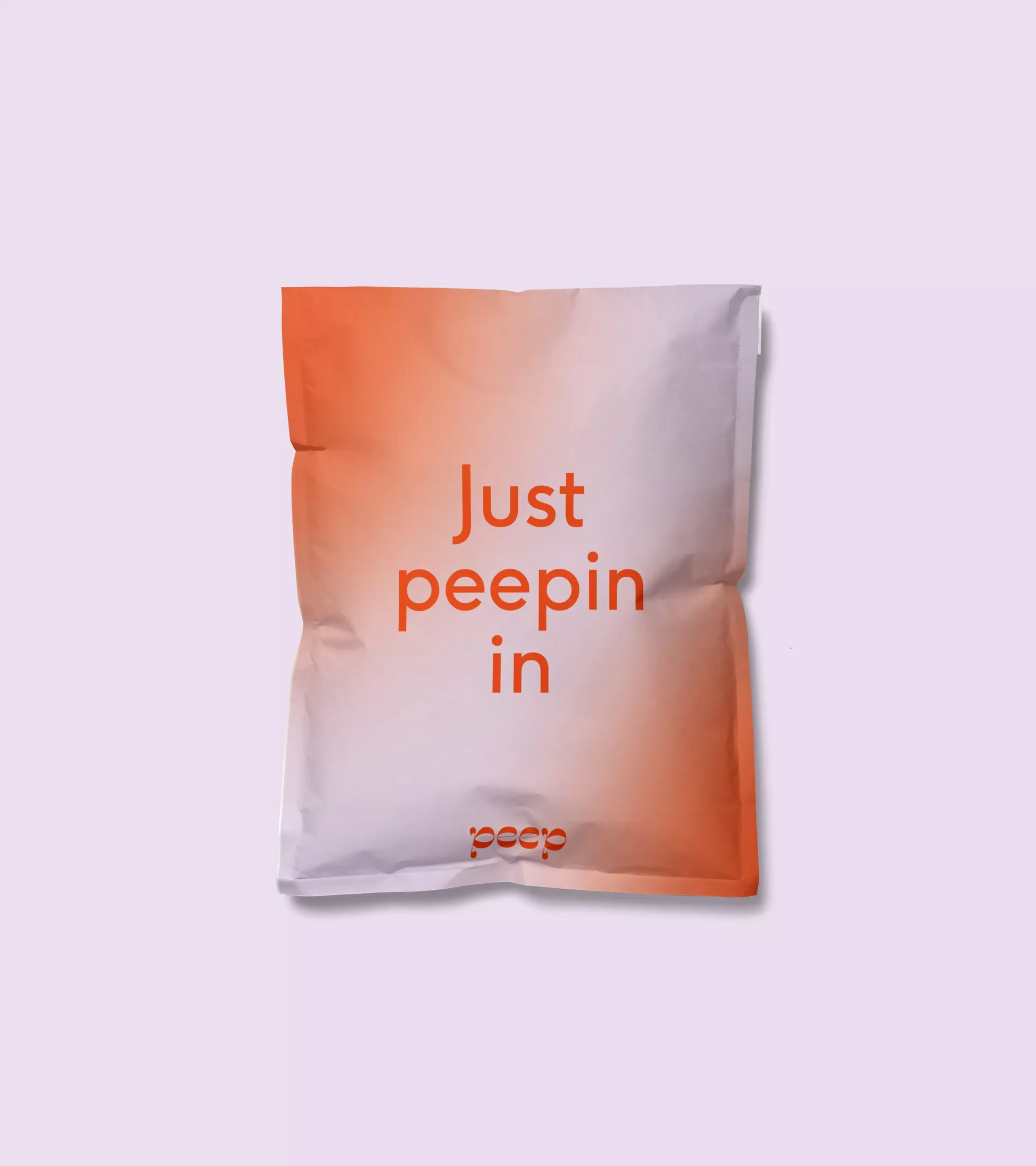 A paper bag with the tagline of Let's Peep in the colors pink and orange