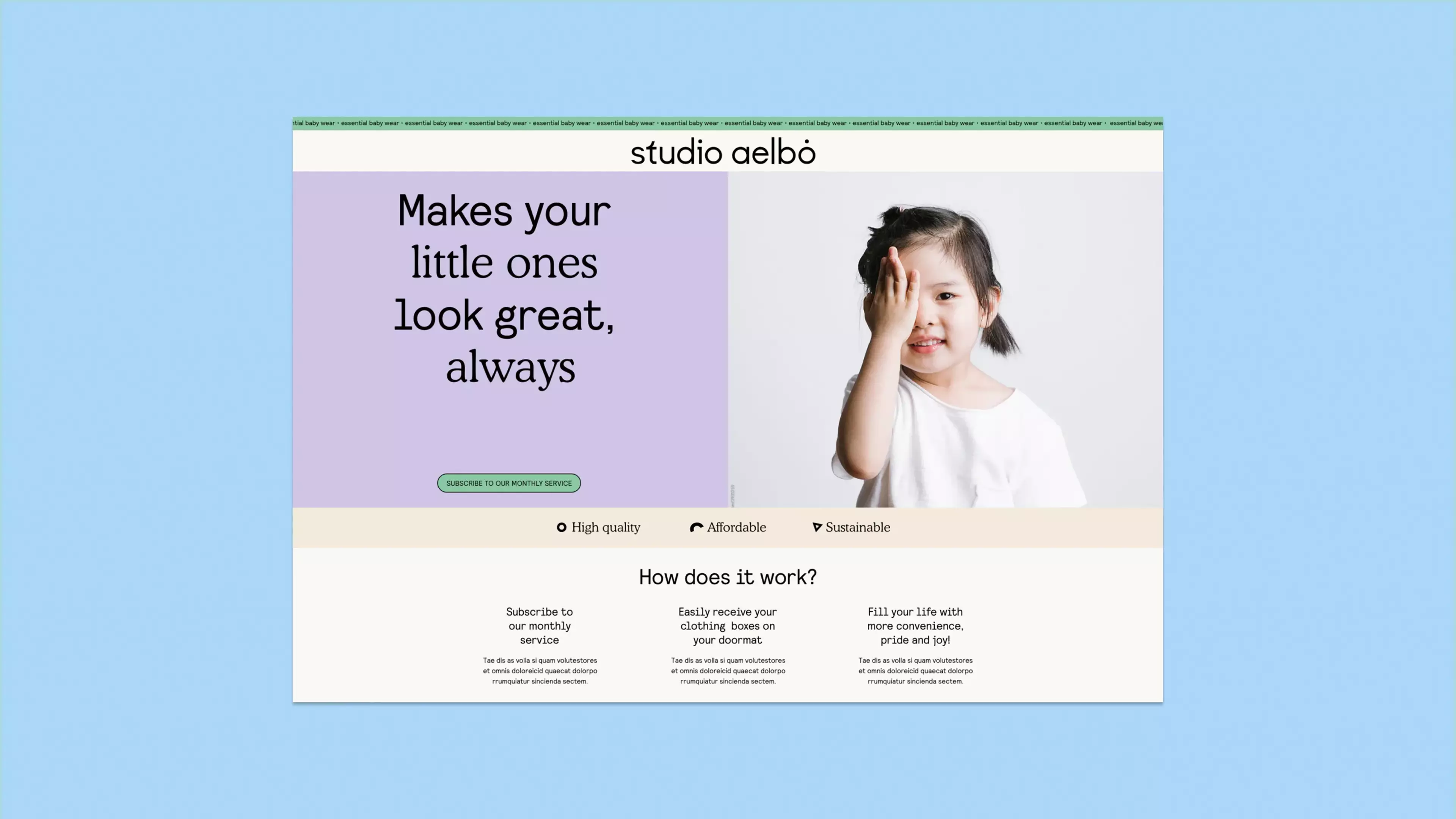 The home page of Studio Aelbo on a light blue background