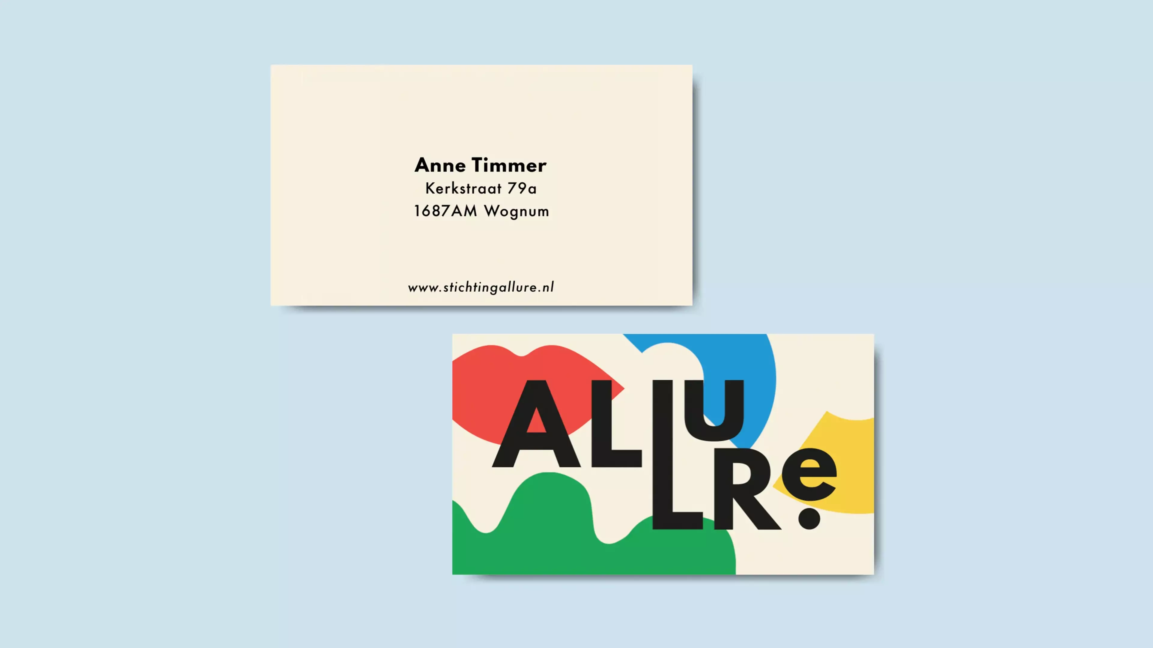 Two business cards for the owner of Allure. These business cards are shown in a mockup