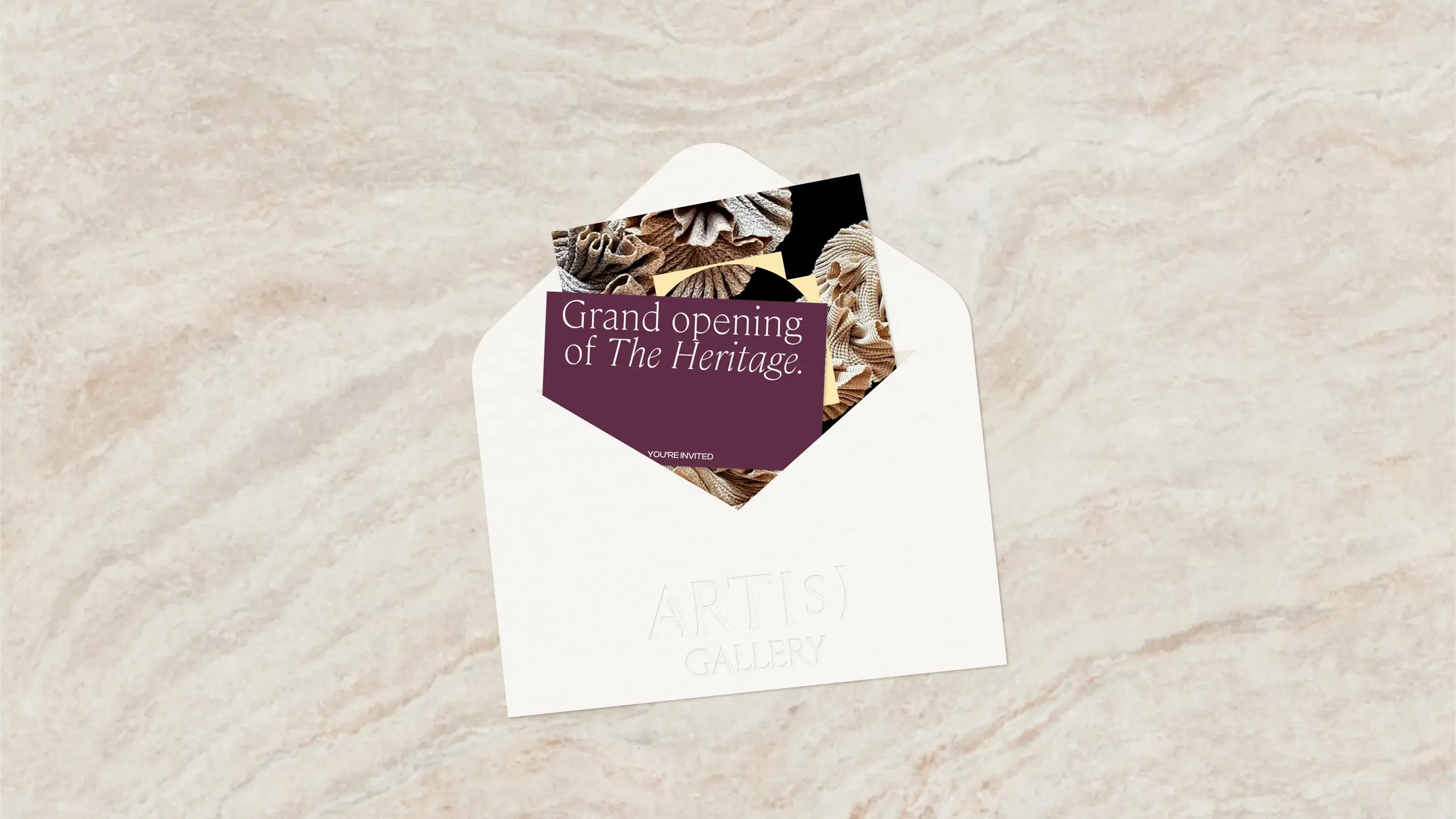 ART[s] Gallery envelope with card and a marmer background