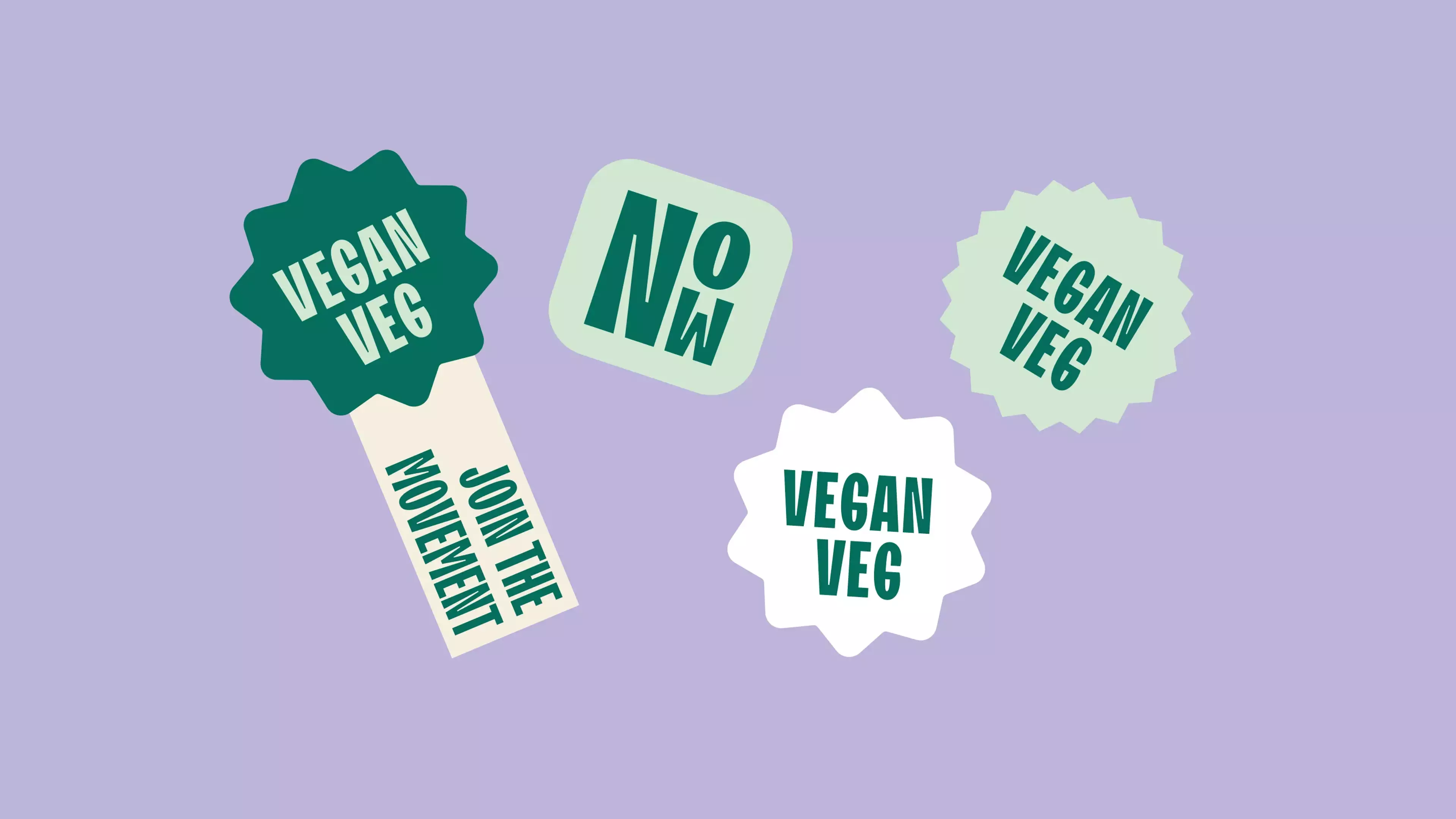 An overview of several stickers in green, white and beige on a light purple background