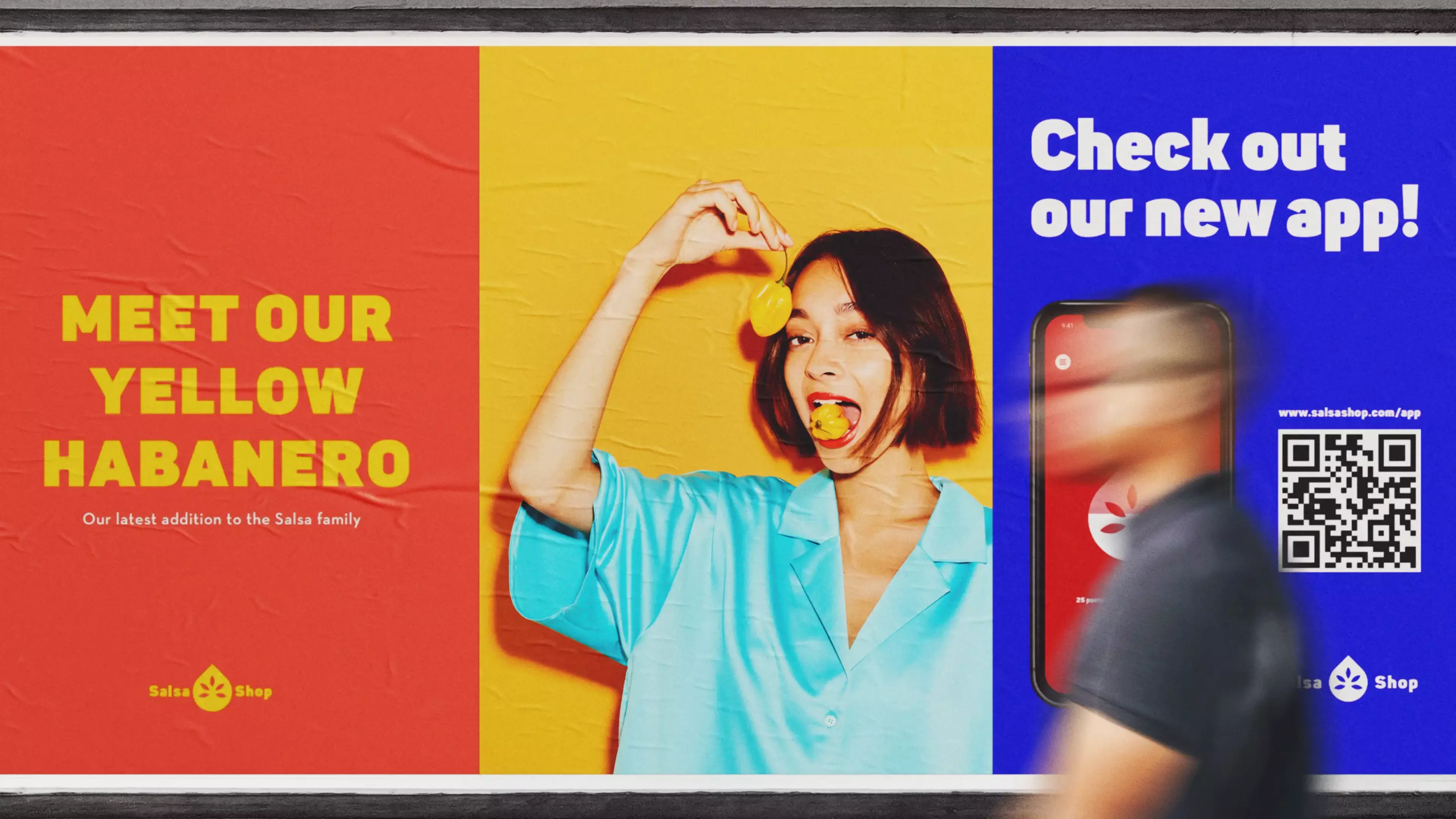 An urban billboard with three horizontal posters in the colors coral, yellow and blue