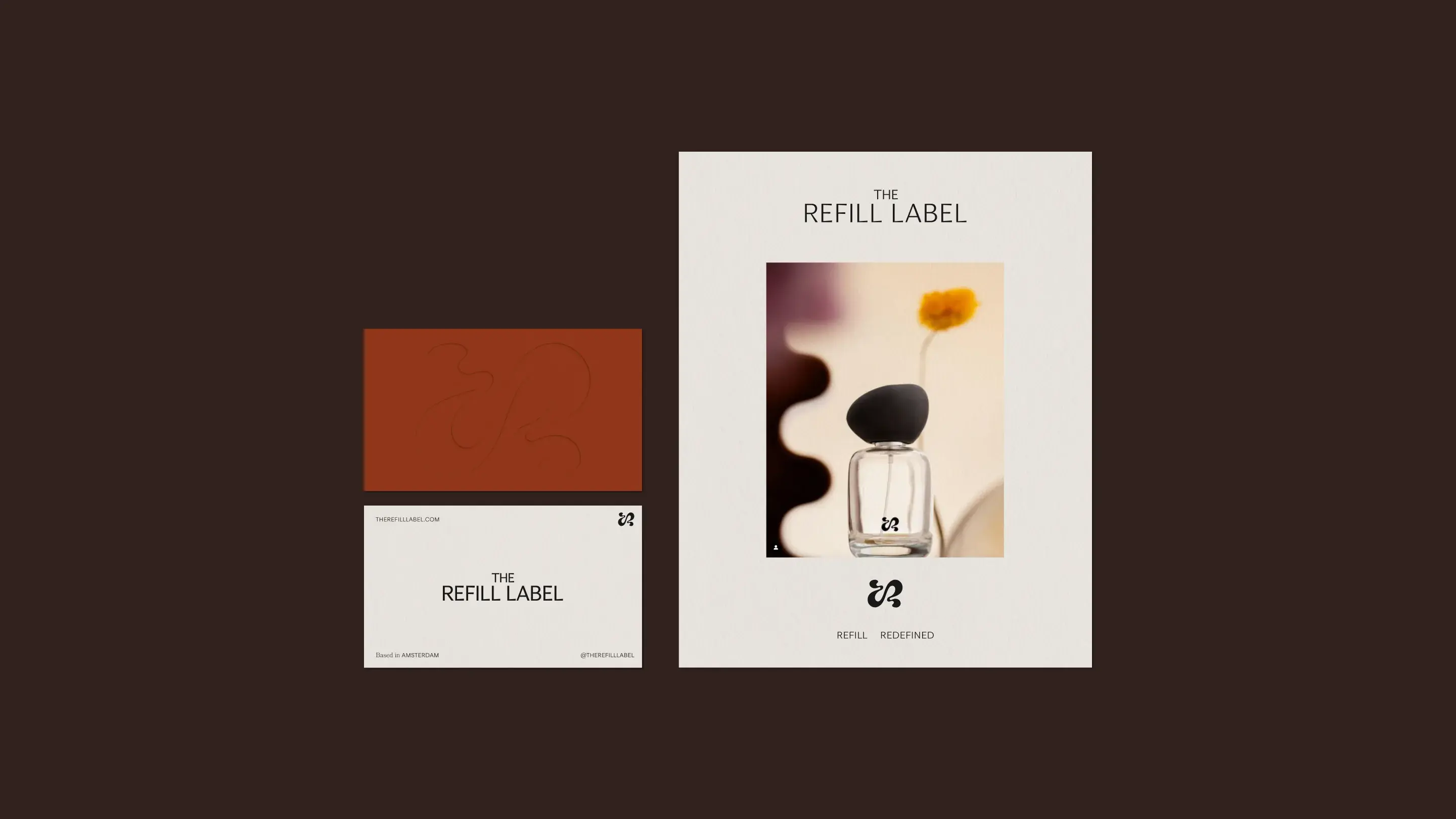 Dark background with card design for The Refill Label