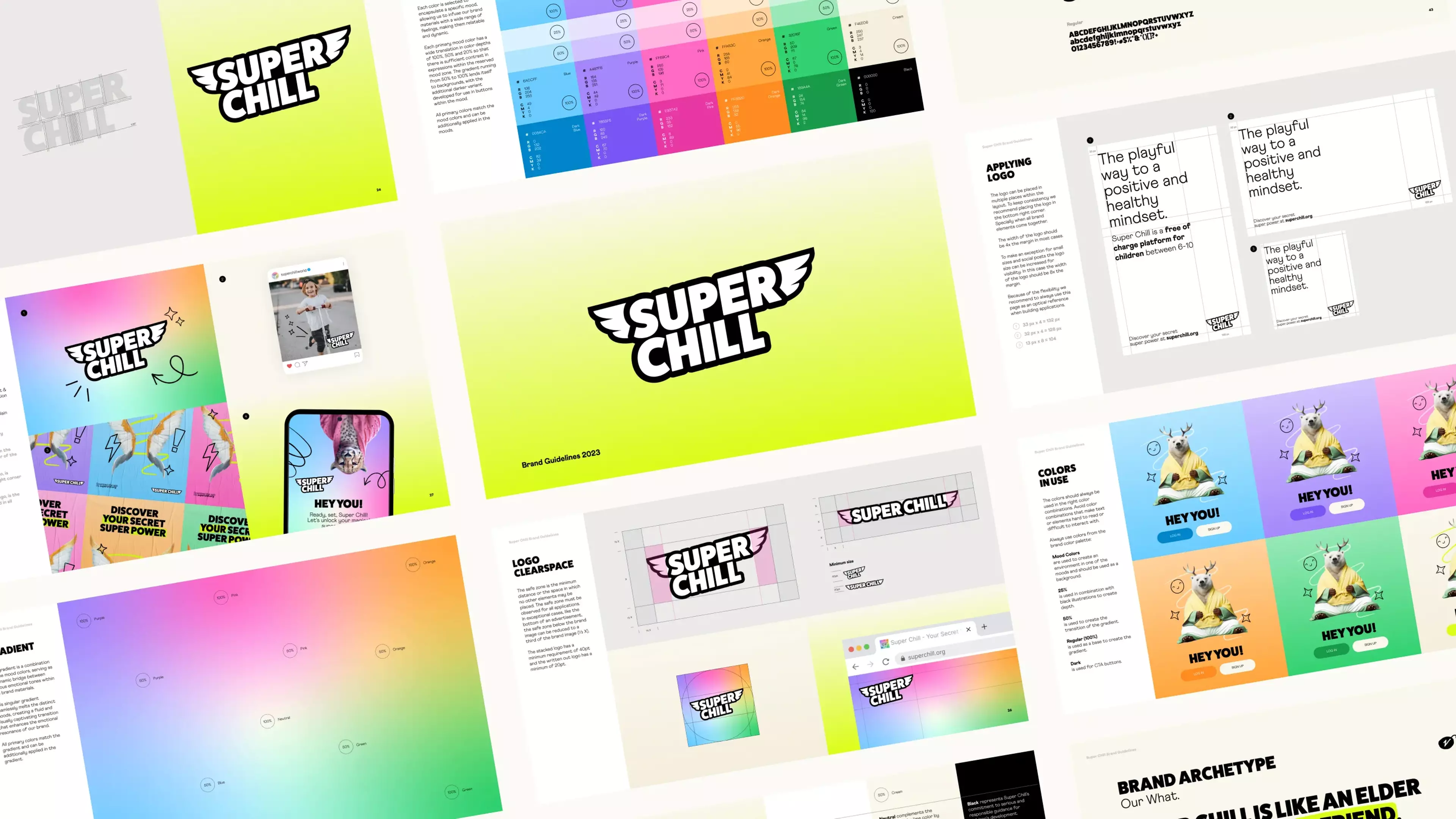 The display of the entire brand book for Super Chill with pages on the colors used, logo and implementation