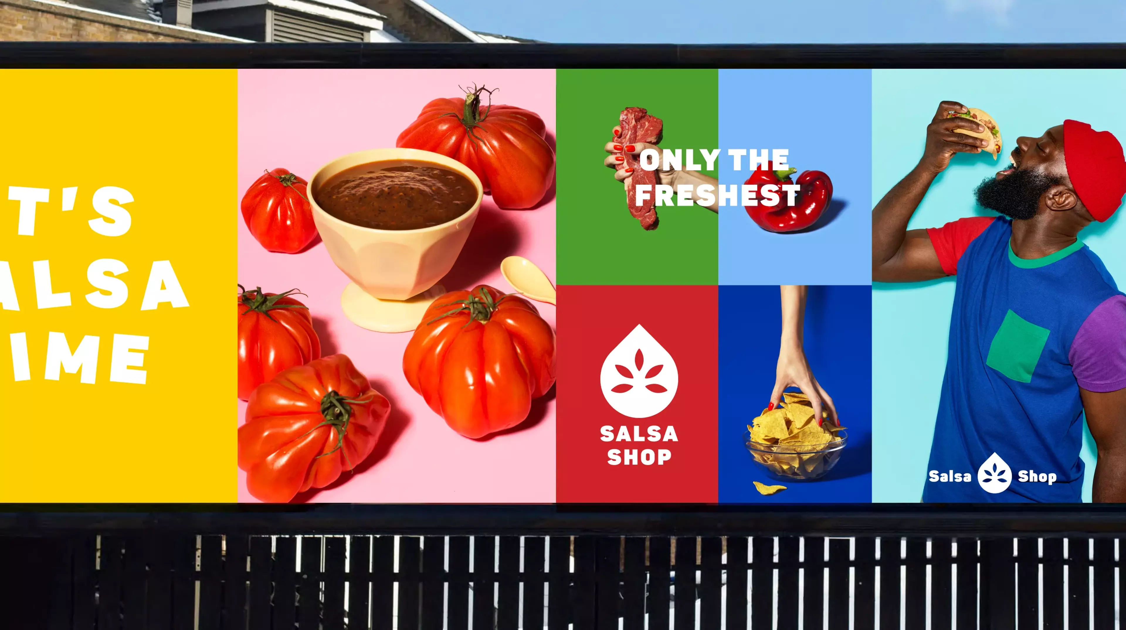 A horizontal billboard with various images of peppers, chilies and nachos in combination with the tagline