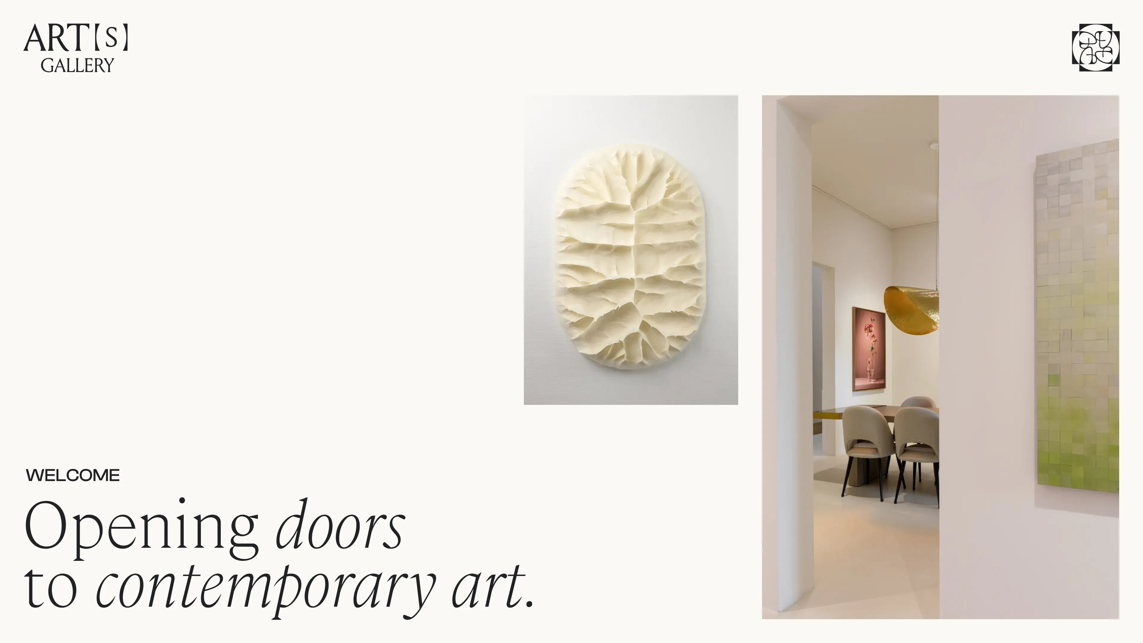 A beige image with tagline and images of art on the right