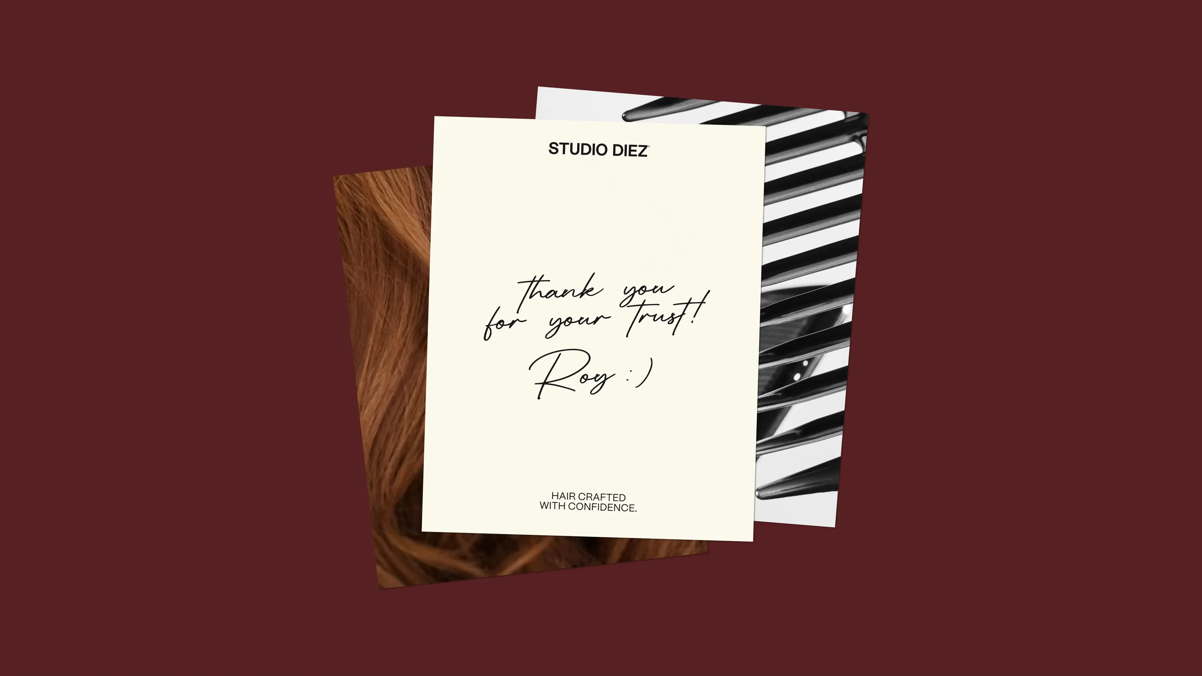 Three layered cards: top card reads "Studio Diez, thank you for your trust! Rezy :)," with glimpses of a person's hair and piano keys in the background.