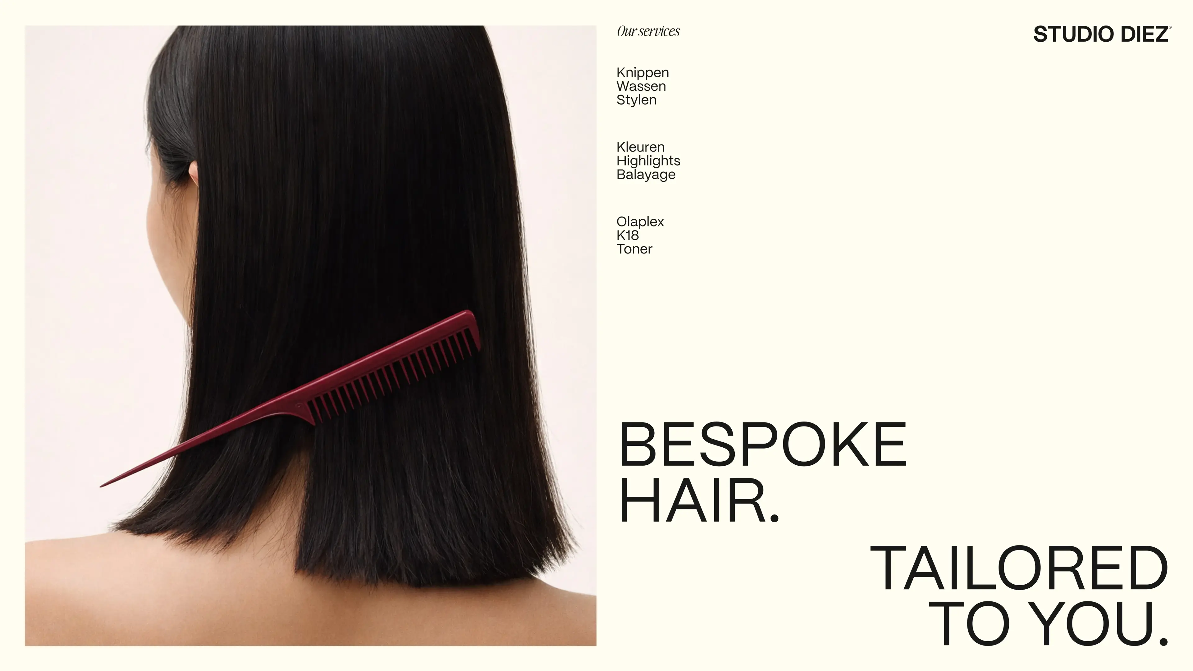 A woman with straight, shoulder-length dark hair, a red comb in her hair. Text: "Bespoke Hair. Tailored to You." Logos and services listed.