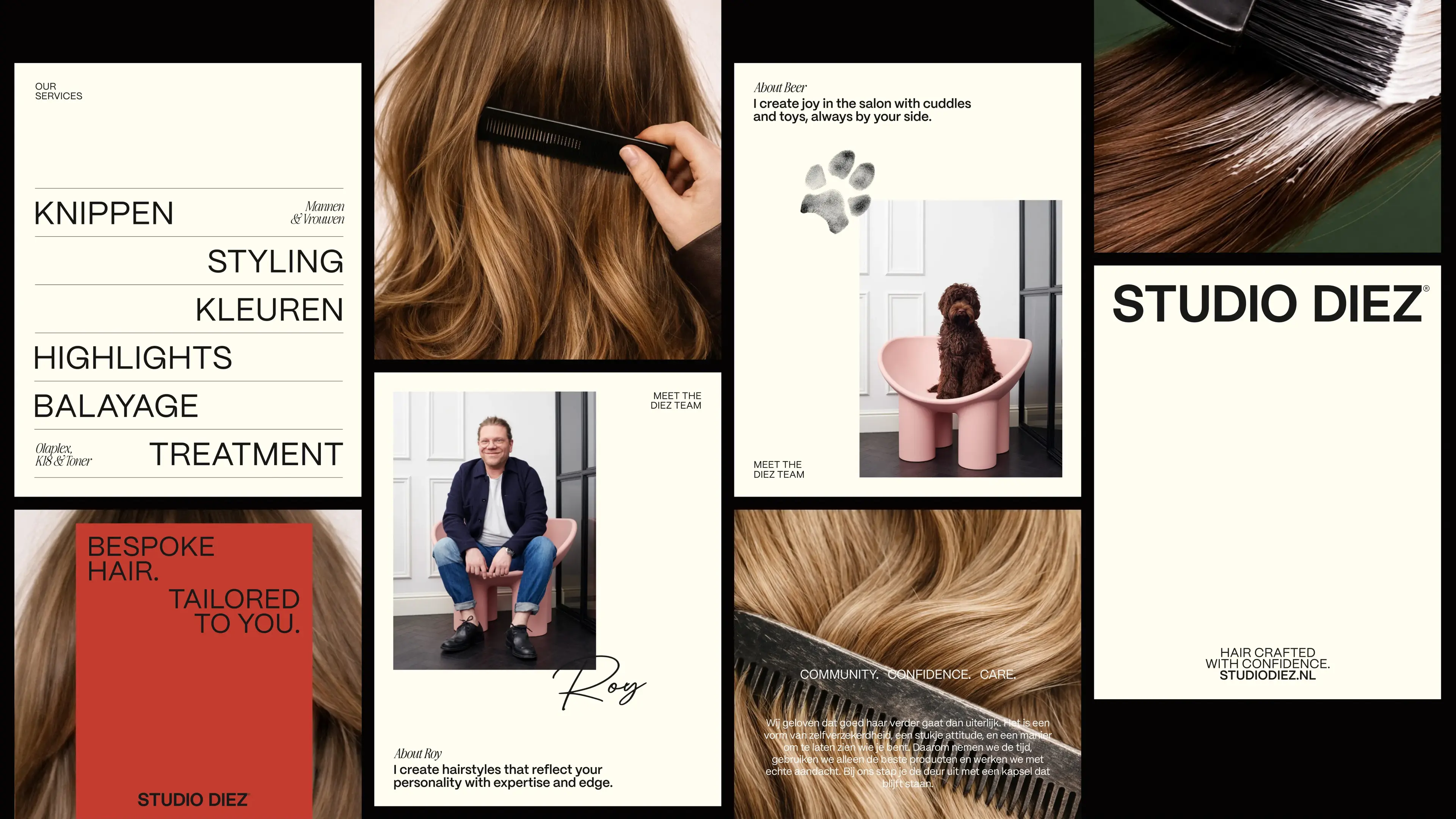 A collage featuring hair styling services, a person, a dog in a pink chair, and phrases like "Bespoke Hair" and "Studio Diez."