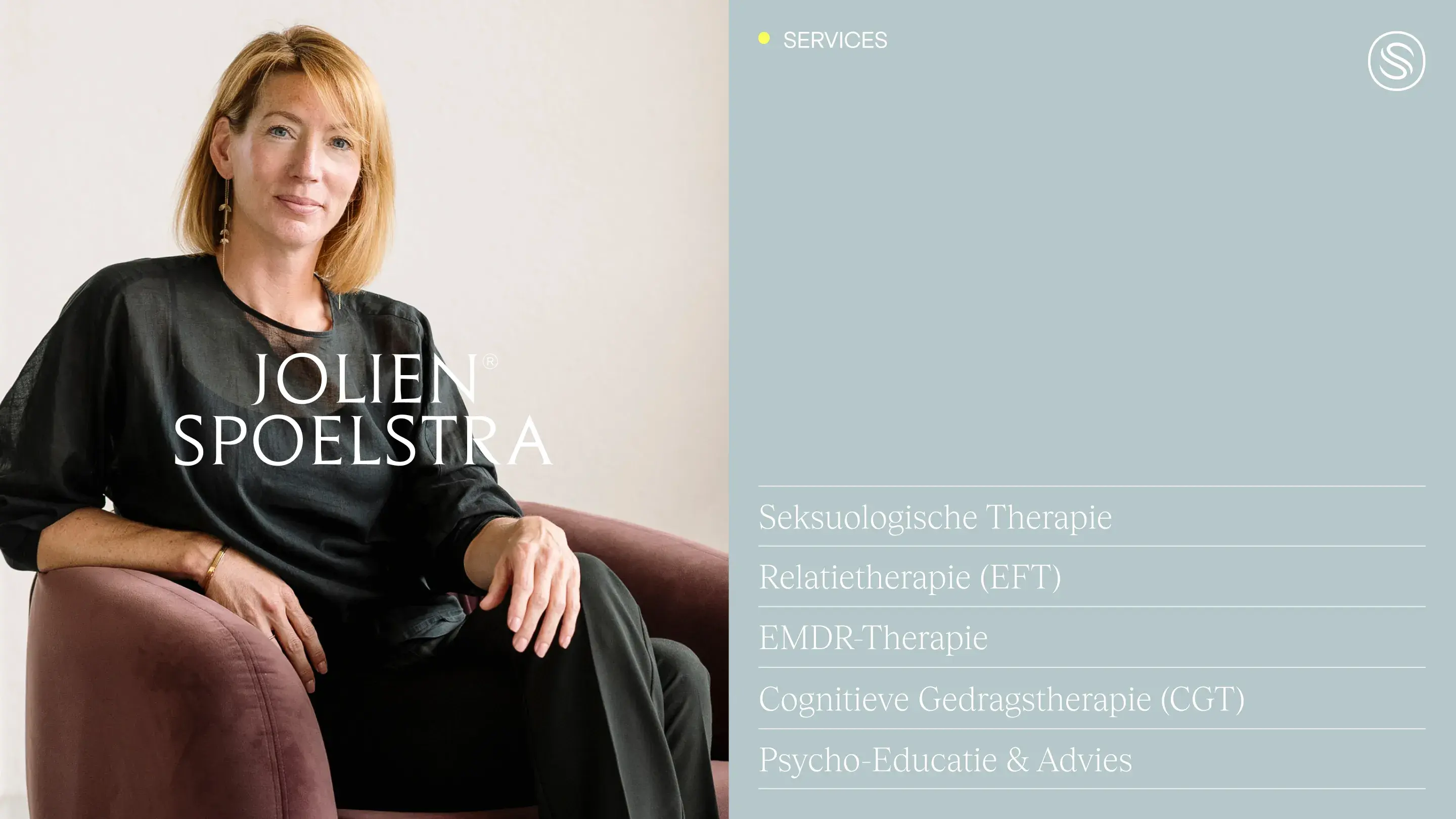 Woman seated in a maroon chair, with text listing various therapy services on a light gray background.